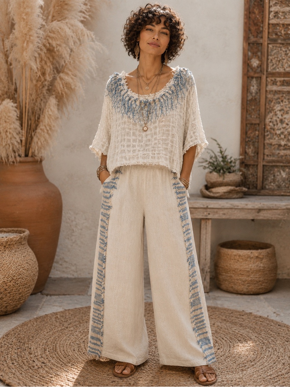 H243 NWT POL Set M ptp28 L w16-20 Cream and Light Blue Loose Knit Top and Pants